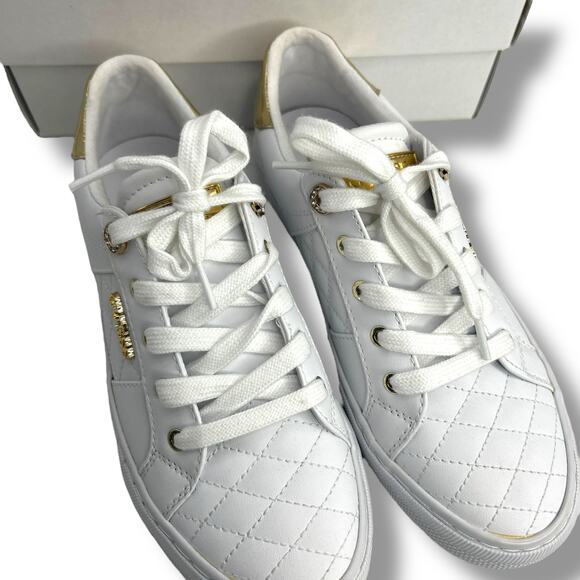 NEW Guess White Sneakers 7.5 Gold Embellished Loven Lace Up Sneakers Quilted - Picture 11 of 13